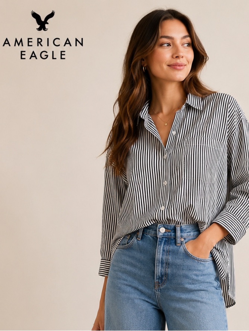 NWT American Eagle Navy & White Striped Oversized Button Down Shirt – Size Small